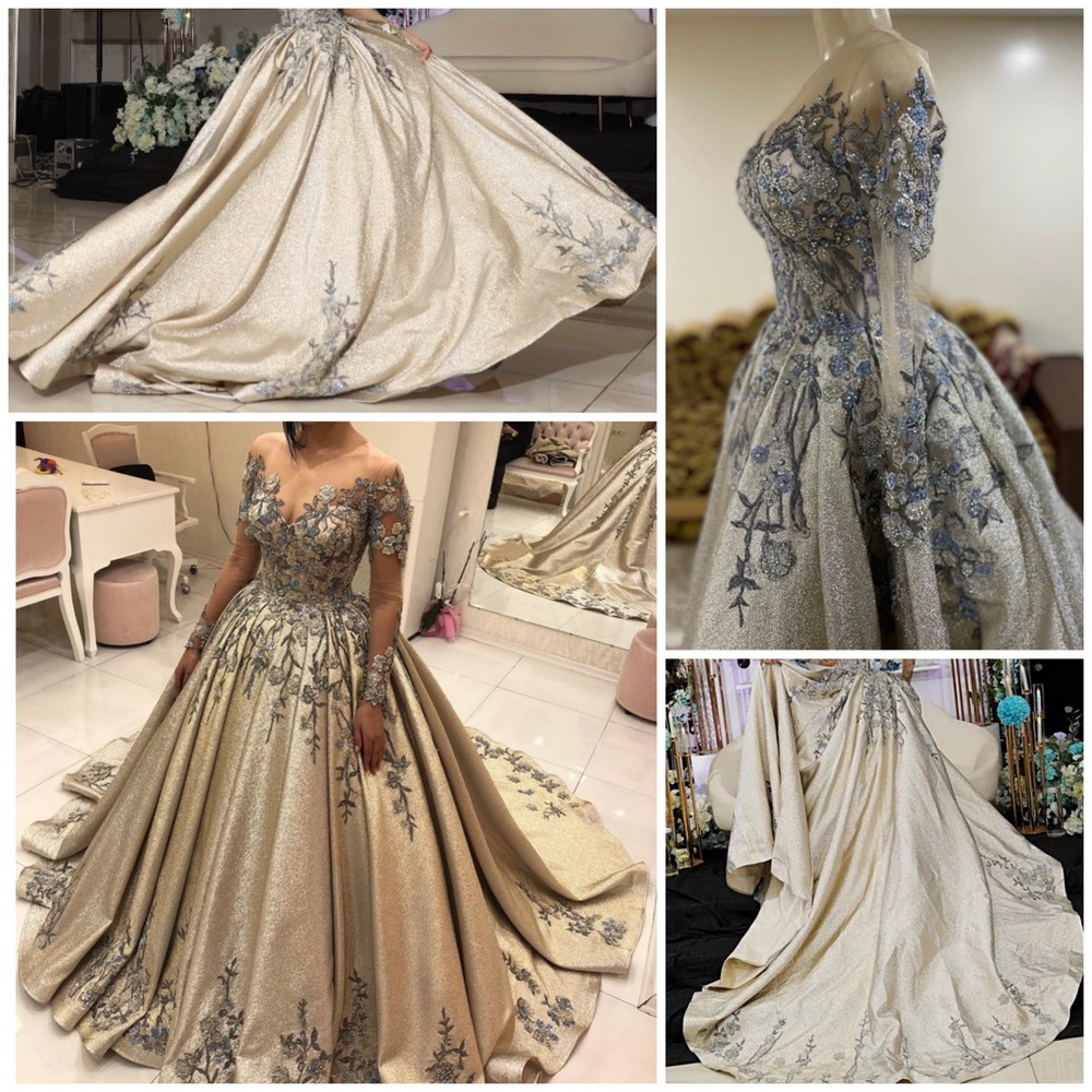Custom made heavy beaded lace, with a champagne shimmer. True princess ballgown!